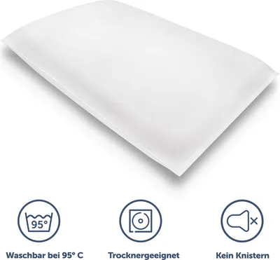 A white pillow is shown on a white background with three icons below it indicating product features.