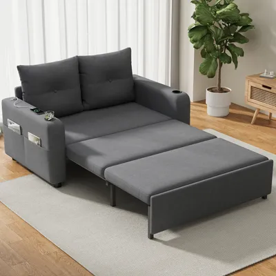 Produktbild von MODFU 3-in-1 Schlafsofa Loungesofa mit 2 Getränkehaltern und Ladepanel mit USB- & Type-C-Anschluss,Chaiselongue mit Seitentaschen und Schlaf-Funktion,Polstermöbel,Grau