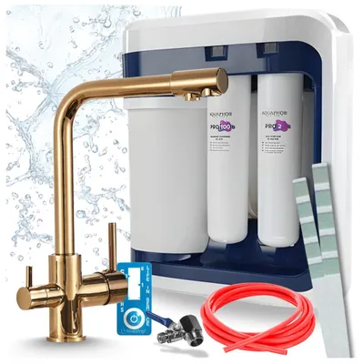 Zdjęcie produktu dla Bateria kuchenna Ari 3-funkcyjna Venom 1, mosiądz, bateria zlewozmywakowa w zestawie z systemem filtracji wody Aquaphor Ro-202S Pro, montaż podblatowy