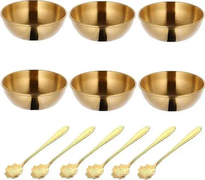 Produktbild von 6-teiliges Set aus goldenen Saucieren mit 6 Löffeln, Mini-Dipschälchen aus Edelstahl, runde Dipschälchen, Edelstahl, kleine Servierschälchen, Edelstahl-Sauciere, für Sojasauce, Ketchup, Gewürze