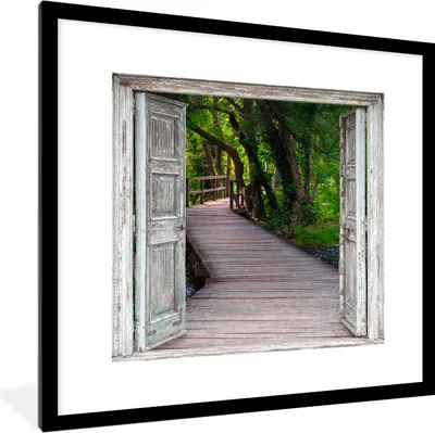 Produktbild von MuchoWow® Gerahmtes Poster Brücke - Wald - Aussicht 40x40 cm - Poster mit Schwarzem Bilderrahmen Wandposter Rahmen Foto Bilder - Poster - Plakat im Rahmen