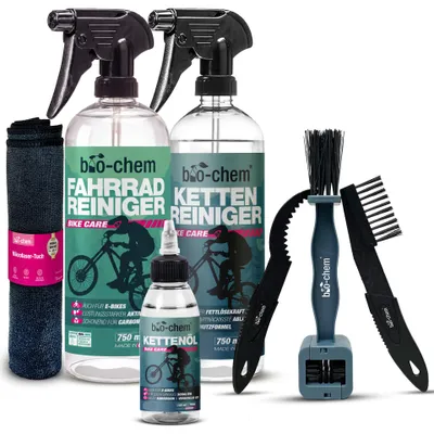 Produktbild von bio-chem Fahrrad Reinigungsset PROFI 7-teilig - Effektives & materialschonendes Pflegeset: 1x Fahrradreiniger 750ml + 1x Kettenreiniger 750ml + 1x Kettenöl 100 ml + 3x Reinigungsbürste