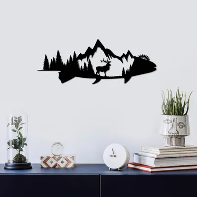 Image de Wallity, Mountain And Deer, Accessoire mural décoratif en métal, 100 % METAL, noir, 70 x 26 cm