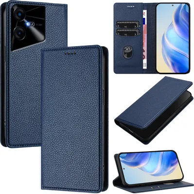 Produktbild von Litchi Leder Handyhülle für Tecno Pova Neo 3 Wallet Kartenfächer Standfunktion Hülle Blau