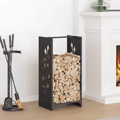 Productafbeelding van Houtopslagrek zwart, gemaakt van koudgewalst staal, afmetingen 40 x 30 x 80 cm. Geschikt voor het opslaan van hout voor de open haard, tuin of binnen, met een draagvermogen van 30 kg