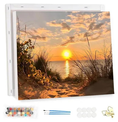 Zdjęcie produktu dla Zestaw do malowania po numerach z ramą, przedstawiający plażę, wymiar 40x30 cm. Zawiera: farby akrylowe, pędzle, płótno