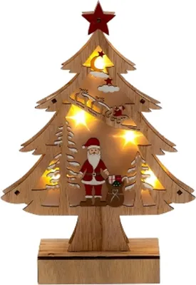 Ein hölzerner Weihnachtsbaum mit integrierten LED-Lichtern. Der Baum ist aus hellem Holz gefertigt.