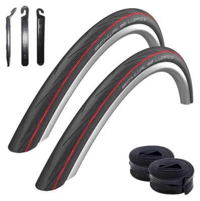 Zdjęcie produktu dla 2 opony Schwalbe Lugano 2, rozmiar 28 x 1,00 (25-622), czarne z czerwonym paskiem + 2 dętki Schwalbe SV15, długość 60 mm, w zestawie z łyżkami do opon