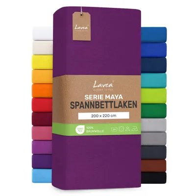 Produktbild von Lavea® Spannbettlaken 200x220cm, Maya, 100% Baumwolle, Boxspringbetten, Wasserbetten, atmungsaktives Bettlaken Matratzen bis 35cm - Fliederlila