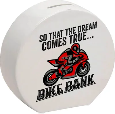 Produktbild von Bike Bank Spardose mit Spruch und Motorrad in rot