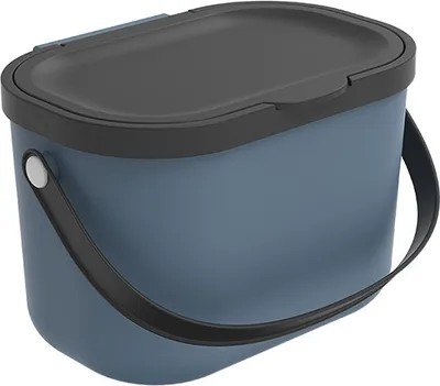 A blue compost bin with a black lid and handle is shown against a white background.