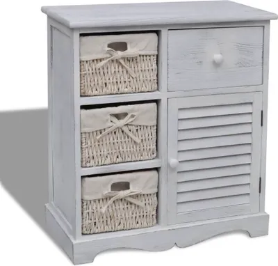 Produktbild von Weiße Landhausstil Kommode aus Paulownia-Holz mit 3 Körben, 60x30x63 cm