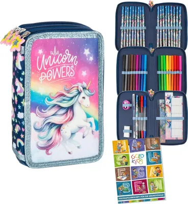 Produktbild von Goldkids - Federmäppchen 3 Fächer - Mäppchen für Mädchen und Jungen - Federmappe 3-Fach Federtasche Gefüllte Schüleretui Schulmäppchen - Einhorn Motiv
