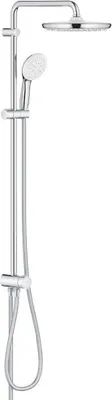 A chrome shower system with a rain shower head and a handheld shower head on a vertical rail.