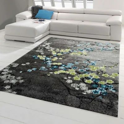 Produktbild von Designer Teppich Moderner Teppich Wohnzimmer Teppich Blumenmotiv Grau Türkis Grün Weiss Größe - 120 x 170 cm