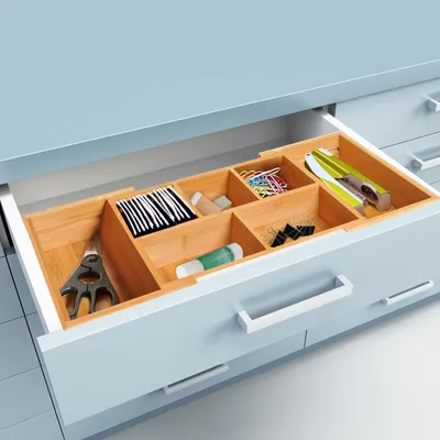 Zdjęcie produktu dla Organizer do szuflad z bambusa, 5-7 przegródek, możliwość rozbudowy | Kolor: Brązowy | Wymiary: 9,68 x 6,92 x 2,75 cm
