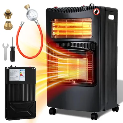 Zdjęcie produktu dla Eikuavons grzejnik 2-w-1, gazowy i elektryczny, 4200W/1200W, ceramiczny i kwarcowy, 3 stopnie mocy grzewczej, system ODS, 4 kółka, w zestawie 2 adaptery EU
