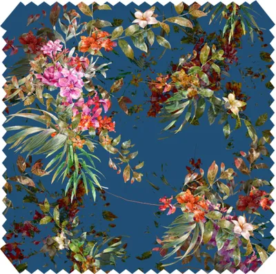 Produktbild von novely® PAPAYA Velours mit Palmen und Blumen - Samtiger Möbelstoff - Robuster Polsterstoff - Pflegeleichte Meterware 1lfm - Farbe: 05 Azurblau