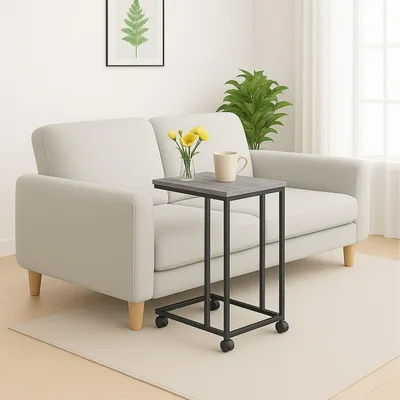 Image de Table d'appoint en forme de C avec roulettes - Plateau effet bois