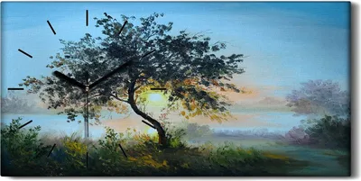 Produktbild von Wanduhr Uhr Wandbild Leinwand 60x30 Ölgemälde Baum Himmel Wasser Sonne Kunst - schwarze Hände