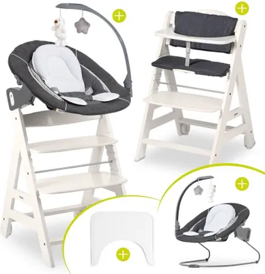 A collage of a baby high chair with a bassinet attachment and a separate baby bouncer, along with a tray accessory.