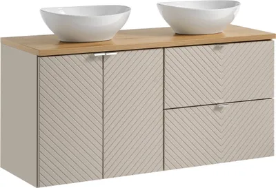 Obrázok produktu pre Kúpeľňová skrinka 120 cm kašmír s dubovou doskou a 2 umývadlami na doske