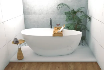 Produktbild von ECOLAM exklusive freistehende Badewanne Standbadewanne moderne Wanne freistehend Mineralguss Goya 170x72 cm + Ablage Bambus + Ablaufgarnitur Click Clack