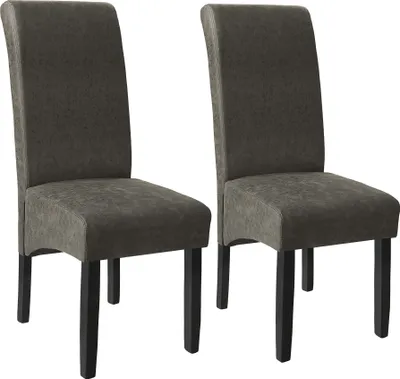 Two dining chairs are shown from the front-left on a white background.