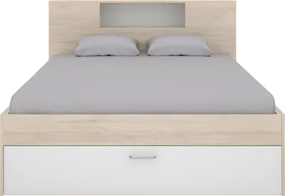 Produktbild von Bett mit Kopfteil, Stauraum & Schubladen - 140 x 190 cm - Weiß & Naturfarben - LEANDRE