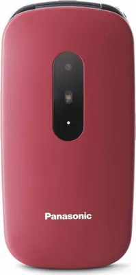 A red Panasonic flip phone is shown against a white background.