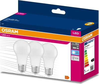 Zdjęcie produktu dla 3PAK Żarówka LED E27 A60 8,5W = 60W 806lm 4000K Neutralna 200° OSRAM VALUE