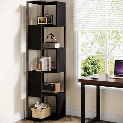 Produktbild von Tribesigns 171 cm Eck- Bücherregal, 6-Stöckiges Kleines Bücherregal Freistehend, Eckregal Lagerung Display Regal mit Metallrahmen, Schwarz