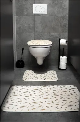 Produktbild von 3 teiliges Badematten-Set mit Federmotiv aus Polyester Rutschfest und Waschbar Creme