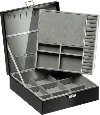 Imagen del producto de Caja de joyería Unyqoos® de cuero sintético (PU), color , 26,5 x 26,5 x 9 cm. Caja de almacenamiento de 2 niveles con cerradura y llave, y separador extraíble