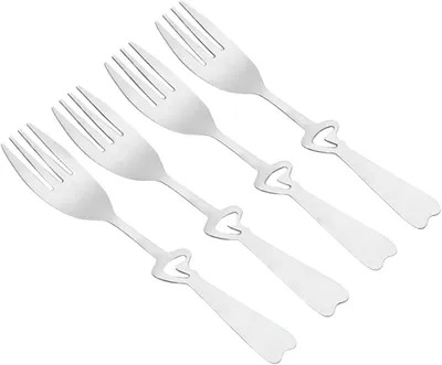 Produktbild von 4 herzförmige Gabeln und Löffel aus Edelstahl, einfarbig, hochtemperaturbeständig