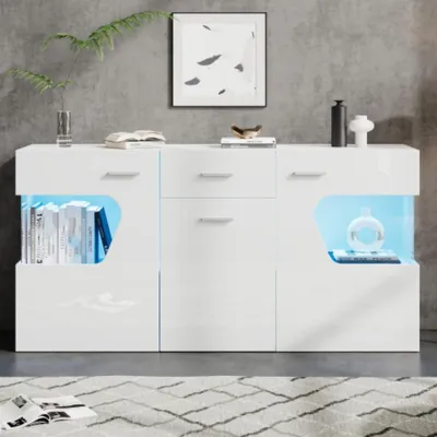 Produktbild von Wohnzimmer-Sideboard,Kommode mit 3 Türen,Hochglanz-Wohnzimmerschrank mit LED-Lichtleiste,mit 3 Ablagefächern,140*33*70cm