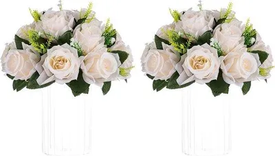 Produktbild von Famanu Kunstblumenarrangement 2 Stück Rosen - Cremeweiße Dekoration für Hochzeiten und Feste
