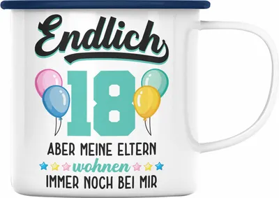 Produktbild von Trendation - 18. Geburtstag Emaille Tasse Geschenk Mädchen Jungen Geschenkidee Lustig Spruch 18 Geschenke Geschenkideen zum 18 Bday 18er Erwachsen (Blau)