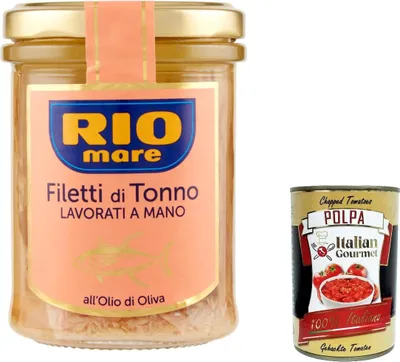 Produktbild von 3x Rio Mare Filetti di Tonno all'Olio di Oliva Thunfischfilets mit Olivenöl, handgefertigt, 180 g + Italian Gourmet polpa 400g