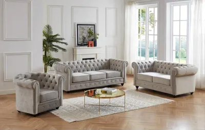 Produktbild von Couchgarnitur 3+2+1 - Samt - Hellgrau - CHESTERFIELD