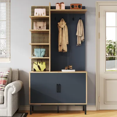 Produktbild von MODFU Flurgarderobe Garderobenset mit Schuhfach und Regalen, Kleiderschrank mit verstellbaren Trennwänden und Haken, Holzoptik Natur mit schwarzem Siebdruckstreifen