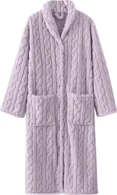 Produktbild von Plüschiger Damen-Bademantel, lang, weich, mit Knöpfen, Hausmantel aus flauschigem Fleece, warmer Winterbademantel mit Taschen