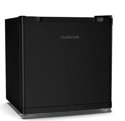 A black mini-refrigerator with the brand name 'KLARSTEIN' visible on the front.
