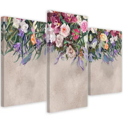 Produktbild von Triptychon auf leinwand überwucherte blumen 90x60 cm Feeby beige wandbild bereit zum aufhängen