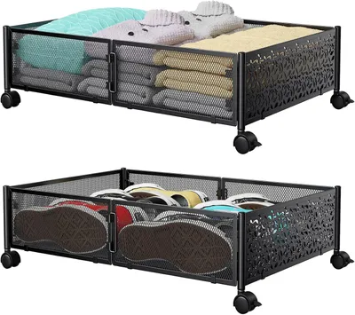 Productafbeelding van Opbergcontainers voor onder het bed met wielen - Set van 2 - 2-pack zwart metalen onderbedopslag met 360 ° draaibare