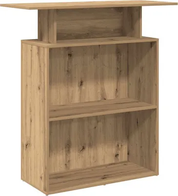 A product image of a wooden reception desk with shelves.