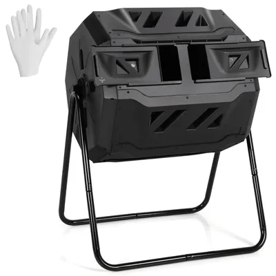 Zdjęcie produktu dla COSTWAY 160L kompostownik bębnowy, dwukomorowy kompostownik ogrodowy obracany o 360°, przerzucarka kompostu z 2 przesuwanymi drzwiami i rękawicami 70x63x93cm czarny