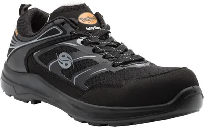 A studio shot of a single black safety shoe.
