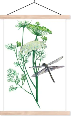 Produktbild von MuchoWow® Textilposter Eine Illustration einer Libelle auf einer Pflanze 60x90 cm mit holzfarbenen Rahmen - Textil