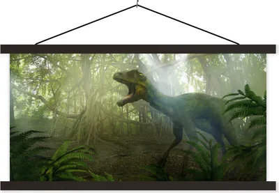 Produktbild von MuchoWow® Textilposter Dinosaurier - Dschungel - Pflanzen 60x30 cm mit schwarzem Rahmen - Textilien